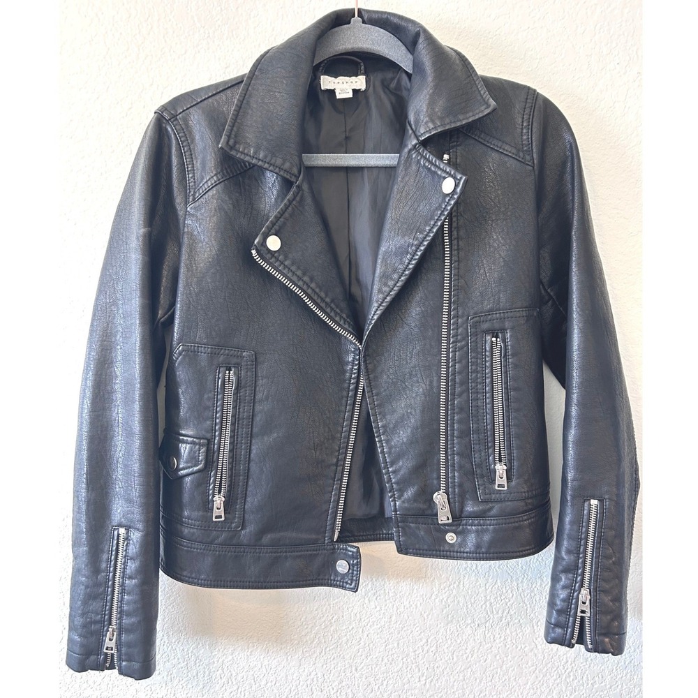 Topshop Black Edgy Streetwear Faux Leather Biker Moto‎ Whimsgoth Jacket US SZ 2